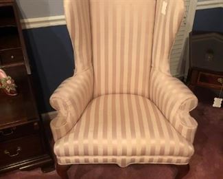 2 Philadelphia Handmade Queen Anne High Back Chairs with Beige Silk Damask Covering- Mint Condition