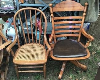 Vintage Wooden Desk Chair and Caned Side Chair