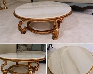 Marble Top and Gold Leaf Base-Hollywood Regency Style Coffee Table