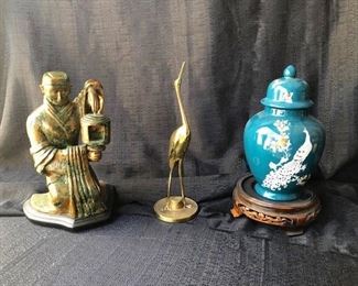 Teal Ginger Jar and Brass Figurines