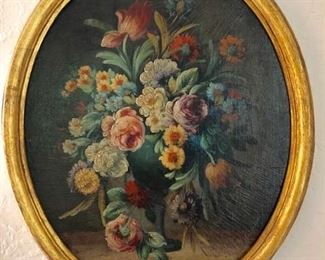 Early floral Oil Painting in Oval Frame