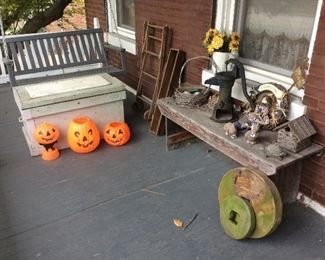 Vintage Halloween lights. Old wood tool box,hand pump