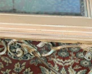 Gorgeous coffee table: wood-framed glass top with wrought iron metalwork and legs.