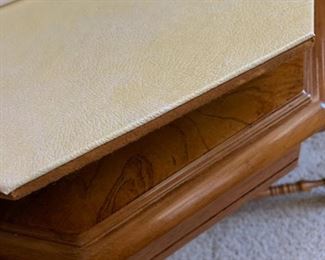 Oak dining room table with padding and leaf. Seats 6. Pristine condition. Matches china cabinet (pictured elsewhere)