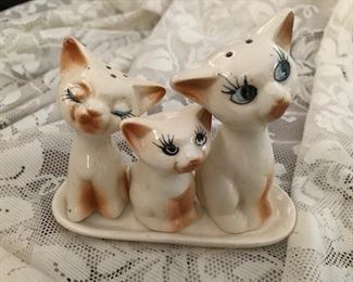Cat salt & pepper shakers, toothpick holder
