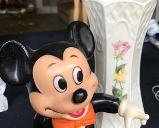Vintage Mickey Mouse Bank and a Belleek Vase