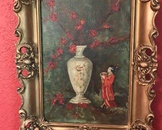 Exquisite Oriental oil on canvas hangs prominently in the front parlor.
