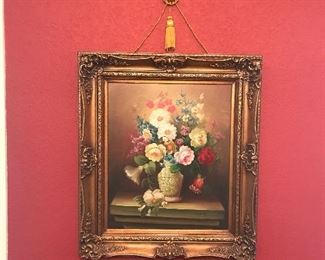 Gorgeous oil on canvas makes a statement of yesteryear’s simple times and leisurely gardens.