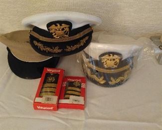 The doctor was in the navy. Shown are a Captain dress hat NEVER WORN and other hats and NIB epaulettes. Also the original RUSH ORDER bill is included.   