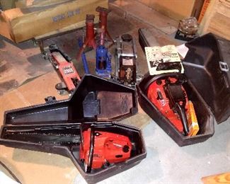 TWO CHAIN SAWS (ONE 23") AND 3 CAR JACKS