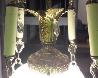 VERY unique brass MCM hanging lamp, hand painted, with marble bottom piece.