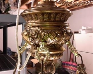 VERY unique brass MCM hanging lamp, hand painted, with marble bottom piece.