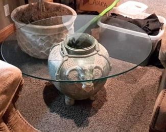 Beautiful ceramic elephant pot table with large round glass top!