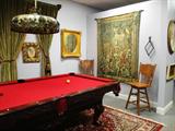 Italian tapestry. Billiard table + accessories. Pair wood stools. Antique gold gilt mirror. Antique slag glass & bronze chandelier.