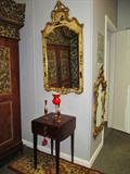 Drexel gilt Asian mirror. English Pembroke table. Assortment of Venetian glass.