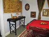 Antique slag glass & bronze chandelier. Old European tapestry. Antique 19th century Altar table.