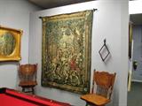 Italian tapestry. Billiard table + accessories. Pair wood stools. Antique gold gilt mirror.
