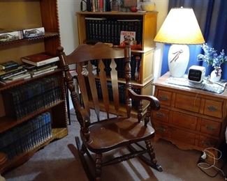 Rocker, bookshelves, small chest