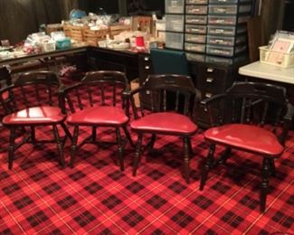 Tavern style chairs with red cushions. There are 8 chairs available.