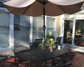 OUTDOOR PATIO TABLE AND CHAIRS WITH UMBRELLA AND STAND