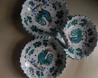 Three part dish. Rooster design.