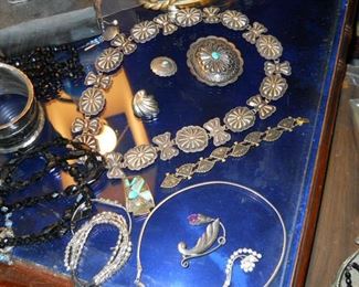 Navaho silver concha hat band and beautiful assortment of sterling native American jewelry circ. 1960-1980