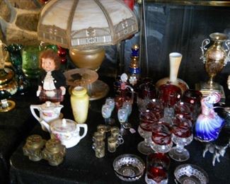 STEMWARE, GLASSWARE, POTTERY, CHINA AND SERVING DISHES/PLATES
* 1930 Green Creciousware pitcher and glassware w/24 carat gold rims
* Rare Alacite glassware manufactured by Aladdin including wall sconces, wall lamps, dishes Note: Owner’s grandfather ‘Dutch’ worked as a glassblower at the factory 1920s
* Austrian Ruby Stemware, Alexandria, Indiana
* Johnson Brother Christmas County China
* English and Brown Tobey Mugs
* Signed Perfume Art Glass Bottles
* Ruby Depression Golf Ball Stemware
* 1940s chrome w/ruby glass champagne stemware
* Unique Serving plates and beautiful vintage silver-plated rectangular tray
* Stunning Copeland Serving platters
* Antique 3-piece silver set
* 1800's European plates
* Orenda silver plate and round tray and silver-plated footed tray with handles
* Grindley English China set
* Antique Chinese silverware box
* Chanel Glass (1980)
* Hand cut glass bowls (signed)
* Silver Repousse serving dish