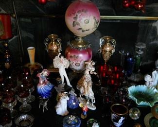 STEMWARE, GLASSWARE, POTTERY, CHINA AND SERVING DISHES/PLATw/24 carat gold rimOwner’s grandfather ‘Dutch’ worked as a glassblower at the factory 1920s
* Austrian Ruby Stemware, Alexandria, Indiana
* Johnson Brother Christmas County China
* English and Brown Tovey Mugs
* Signed Perfume Art Glass Bottles
* Ruby Depression Golf Ball Stemware
* 1940s chrome w/ruby glass champagne stemware
* Unique Serving plates and beautiful vintage silver-plated rectangular tray
* Stunning Copeland Serving platters
* Antique 3-piece silver set
* 1800's European plates
* Orenda silver plate and round tray and silver-plated footed tray with handles
* Grindley English China set
* Antique Chinese silverware box
* Chanel Glass (1980)
* Hand cut glass bowls (signed)
* Silver Repousse serving dish