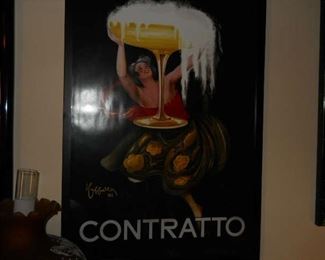 * A very rare oversize vintage poster, realized by Cappiello in 1922 to advertise the "Contratto" Champagne brand. A young lady is a cabaret dress is holding a giagantic glass of champagne that is spilling all over. ARTIST: Leonetto Cappiello