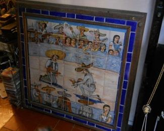 Hand-painted mexican tile from early 1900s depicting Rooster fight in arena hand signed came from a8,000 sq ft estate auch detail  it has a stick figure man upside down it must be his marking plus name