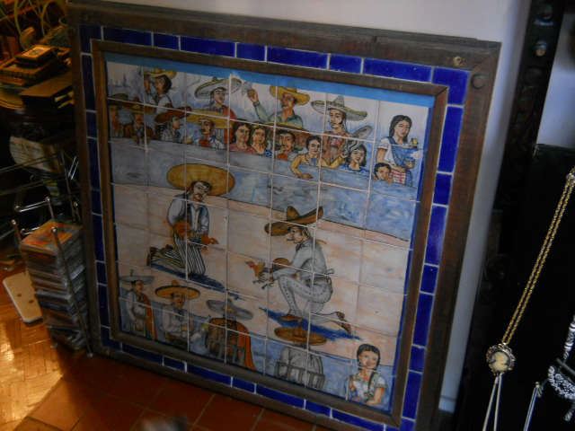 Hand-painted mexican tile from early 1900s depicting Rooster fight in arena hand signed came from a8,000 sq ft estate auch detail  it has a stick figure man upside down it must be his marking plus name