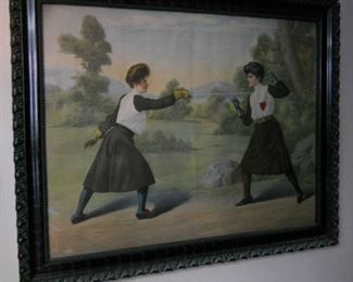 Unique large vintage print of two victorian women fencing in decorative black frame.