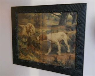 1920s Vintage dogs on a hunt in decorative black frame