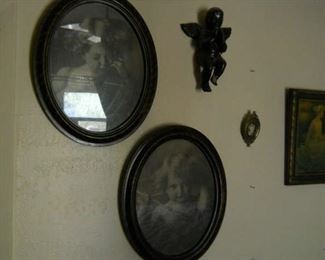 * Gorgeous round Art Deco framed pair: Vintage Cupid awake and cupid asleep photos circa 1900s