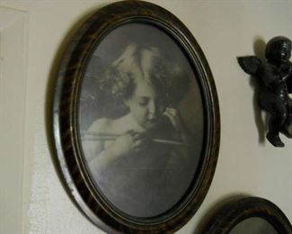 * Gorgeous round Art Deco framed pair: Vintage Cupid awake and cupid asleep photos circa 1900s