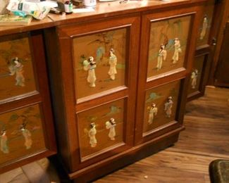 * 7’ Antique Asian Hand Carved Portable Mobile Wooden Bar Cabinet inlaid with gems including nephrite and mother of pearl.