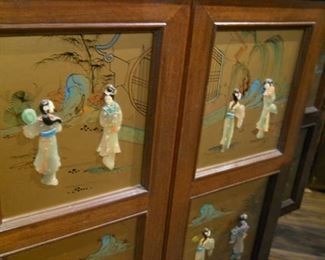 * 7’ Antique Asian Hand Carved Portable Mobile Wooden Bar Cabinet inlaid with gems including nephrite and mother of pearl.