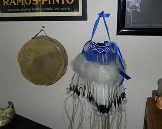 chief indian real feather bought for 700.00 has name and real beads Leather Deer skin drum with art real