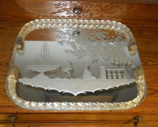 antique etched glass mirror18 by 18 with Lucite trim