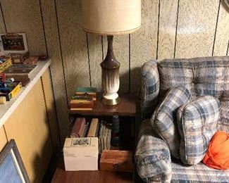 Side table by Mersman; retro lamp; sampling of the many vintage books to be found here.