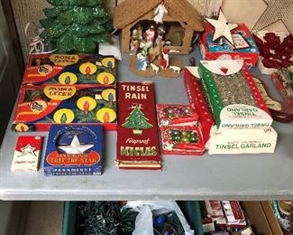 Lots of vintage Christmas, including ceramic tree, lights, nativity set, etc.
