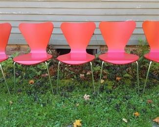 Set of (5) red After Arne Jacobsen Series 7 chairs