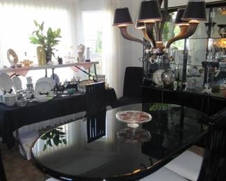 Black Lacquer dining room  table w/ 6 chairs, Black Lacquer display cabinet 