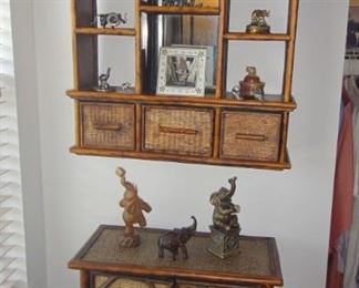Bamboo / Rattan style cabinet w/ matching shelving, Elephant collection