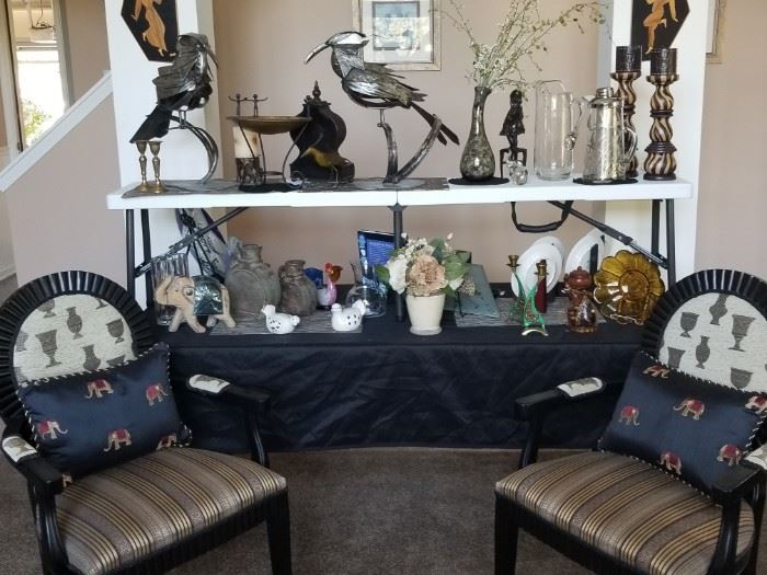 Matching Occasional Chairs, Home Decor. Large Metal Crow Figures 