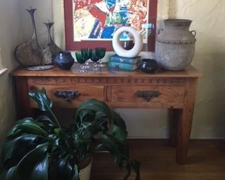Rustic Elmwood console table, Chagall numbered print, Vintage green glassware, Primitive Urn