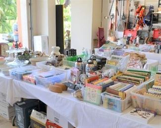 BOOKS OF MANY TOPICS, OFFICE SUPPLIES, CRAFT, FABRICS, PORTABLE SEWING MACHINE, SERVING PIECES