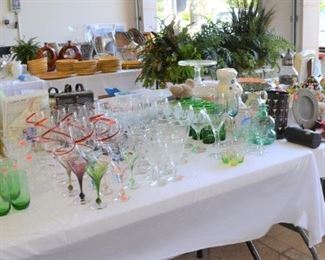 VARIETY OF GLASSES, COOKIE JAR, TEA POTS
