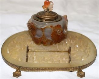 Carved Jade and bronze mounted inkwell