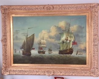 Large Modern Framed Ship Battle Painting Oil on Canvas